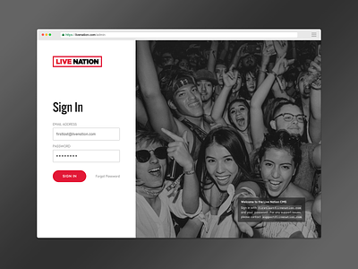 CMS Sign In screen black branding live nation log in log in screen red sign in sign in screen ui
