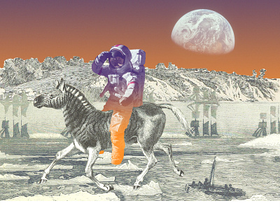 Explorers on the Moon astronaut collage gradient illustration space