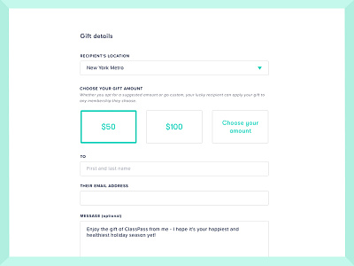 ClassPass holiday gifting checkout checkout form fields forms gift gifting web web design