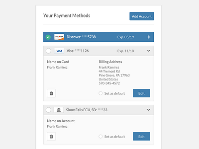 Payment Methods credit cards payment ui