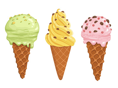 Sweet ice cream cones, delicious summer desserts cartoon design flat food ice ice cream icecream illustration logo summer summer party summertime travel vector