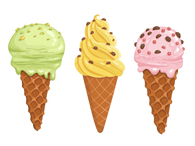 Sweet ice cream cones, delicious summer desserts