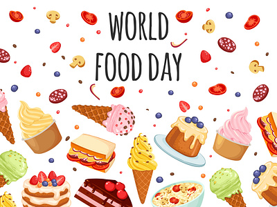 World Food Day berry cake cone cream cupcake design food food illustration fruits ice cream icons illustration sausage sweet tomato vector vegetables web