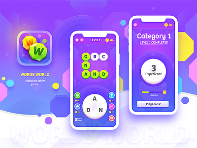 Words World IOS Game Design 2d art art colorful game game art game design guess gui ios iphone iphone icon letter game letters minimalistic tile ui ux vibrant words words world