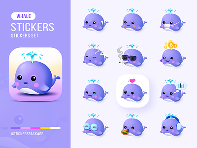 Whale stickers package android app icon crypto flat icon illustrator iphone logo nature photoshop sea shark sticker sticker design symbol vibrant whale