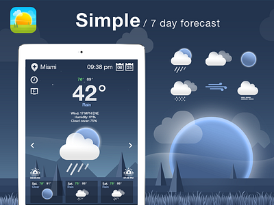 Weather App/Icons Design. app art gui icons ios moon night rain ui weather