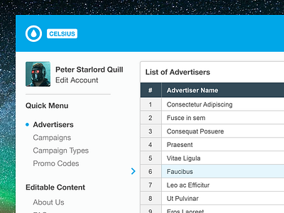 Simple Dashboard Concept. ad blue dashboard list menu profile rain spreadsheet starlord