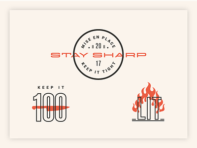 Mise en Place Club 100 badge chef event fire flame food knife logo stamp typography