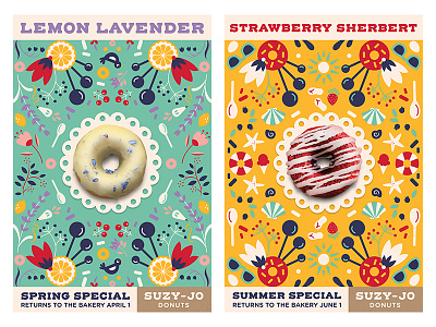 Season Posters, Spring and Summer advertising branding donut shop donuts floral illustration pattern poster poster series posters rebrand