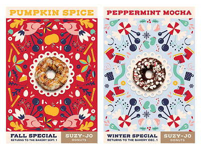 Seasonal Posters, Fall and Winter advertising branding donut shop donuts floral illustration pattern poster poster series posters rebrand