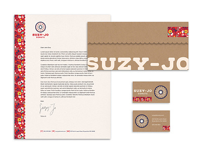 Suzy-Jo Donuts Stationery brand branding business card envelope identity letterhead logo logo design pattern patterns rebrand stationery