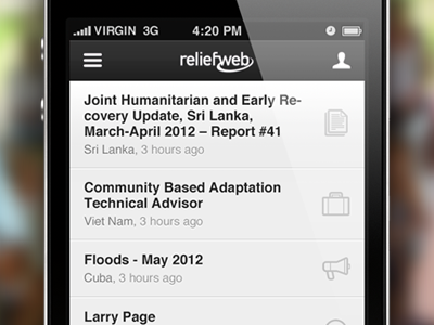 app homepage for reliefweb app article content homepage icons iphone listing mobile news reader