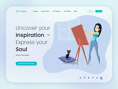 Art school home page concept art school call to action button design graphic illustration home page log in sign up start page ui vector illustartion