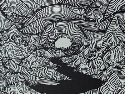 Landscape #1 art drawing fjord illustration landscape linework mountains nature sunrise trippy