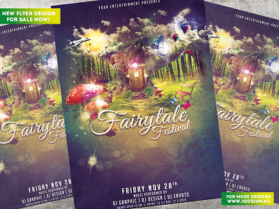 Fairytale Festival Flyer clock clouds color colorful door earth event fairytale fantasy festival flyer design forest