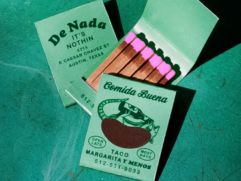 De Nada Matches food mexico texture retro vintage drinking austin texas margarita taco beer matchbook matches illustration armadillo