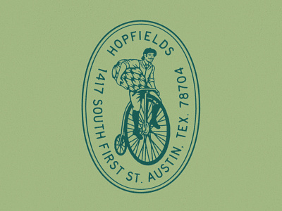 Hopfields austin badge beer bicycle brewery design illustration pennyfarthing restaurant rough texas texture type victorian vintage