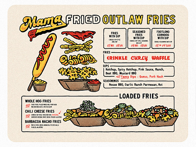Mama Fried Menu austin corndog design french fries hand drawn hot dog illustration layout menu restaurant retro rough stipple stippling texas texture type vintage
