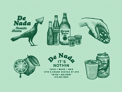 De Nada Cantina Marks and Illustration 70s austin beer branding cerveza cocktail design hospitality illustration logo mexican food restaurant retro rough tacos texas texture type lockup vintage