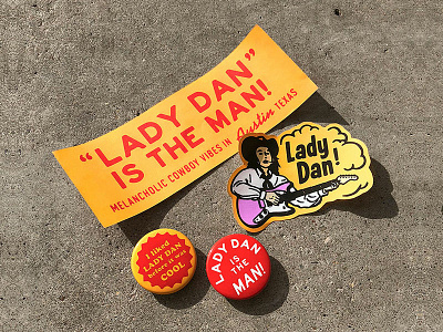 Lady Dan 70s band bumper buttons country cowboy fender fun gig gowgirl guitar music pins retro sticker stickers throwback vintage