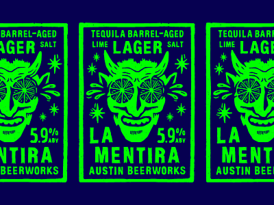Tequila Barrel-Aged Lime + Salt Lager beer custom cut devil drawn hand hell illustration label letters lime linocut neon print rough texture type vintage wood woodcut