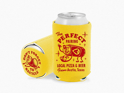 Pizza + Beer 50s 60s austin beer beerworks can cartoon character deign drawn hand illustration koozie mascot mid century pizza retro rough texas throwback