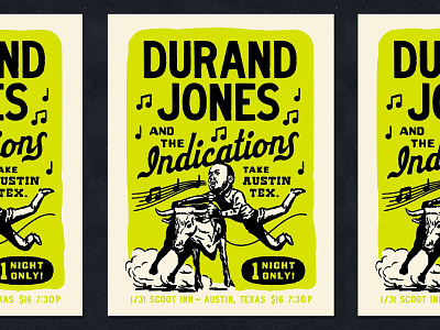 Durand Jones and the Indications austin concert cowboy durand jones gig indications ink longhorn msuic poster print retro ride rodeo rough screen show stampede texas type