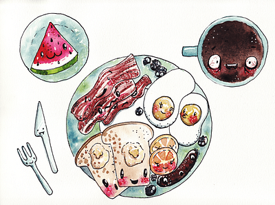cuties hearty breakfast bacon breakfast characters coffee cup cutie cuties facial expressions food illustration melon toast watercolor