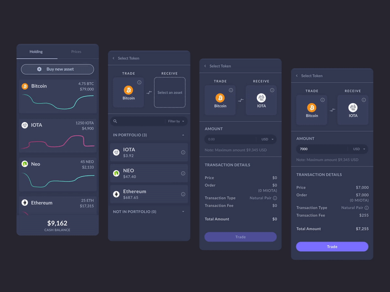 Cryptocurrency Trading Application – Side panel animated gif animation crypto crypto exchange cryptocurrency dark dark ui design finance finance app financial flat motion graphic ui