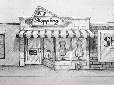 Shopping Sketch artwork black white drawing entertainment night life pencil rhodia shopping sketch store front