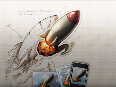 Zoowee Advertising ad illustration old rocket sketch