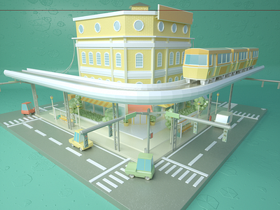 Initial Style Exploration 3d atlantic building c4d cars city low poly microsoft octane style train