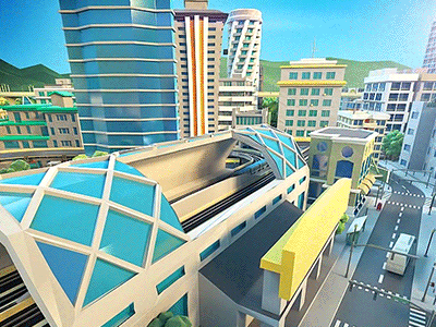 City in the Cloud - Animation Loop 002 3d animation bus c4d car city downtown plane station train transportation vray