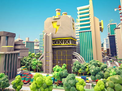 Energy Station Scene 3d building cars city energy grid lightning low poly trees