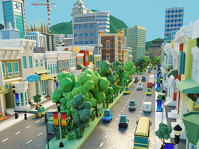 Small Town Life 3d buildings bus cars crane low poly mountain police stores trees