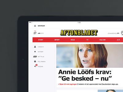 Aftonbladet Tablet – Start page clean flat grid heading navigation news red responsive social startpage tablet ui
