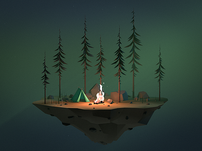 Floating Pines 3d campfire camping cinema4d forest island pines tent