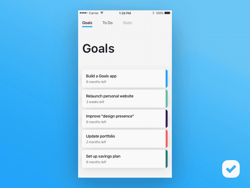 Goals App Navigation checklist goals navigation swipe to do