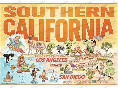 Combo Postcard & Poster SoCal Souvenir beach branding california souvenir cartoon cartoon california cartoon map childrens poster art cute california cute mermaid design illustration kids kids wall art los angeles los angeles souvenir mermaid military pop art san diego san diego souvenir