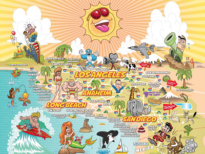 Revised Ultimate Sunny California Postcard animation beach branding caricature cartooning desert design drawing funny illustration art kids logo mermaid surfer tank vector whimsy