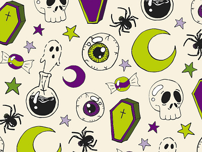 Spooky Halloween Pattern coffins ghosts halloween moon pattern potions skulls spiders spooky