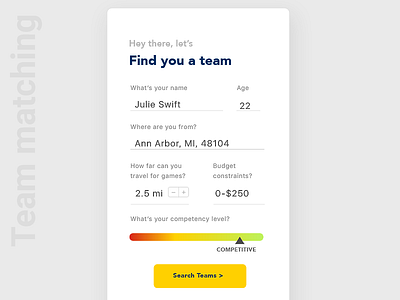 Team Matching in Sports App app athlete form matching search sports team ui ux