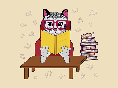 The cat with glasses reading a book.
