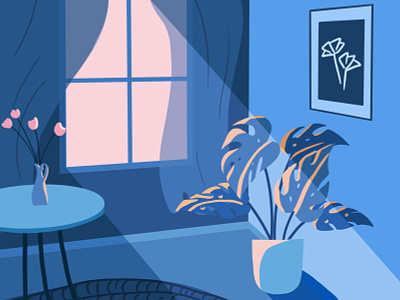 Moonlight curtain design flourishing flower home decor house plants illustration night window