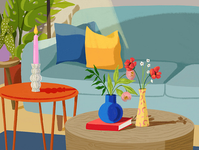 Coffee Table book coffee table design flourishing flower vase home decor house plants illustration sofa