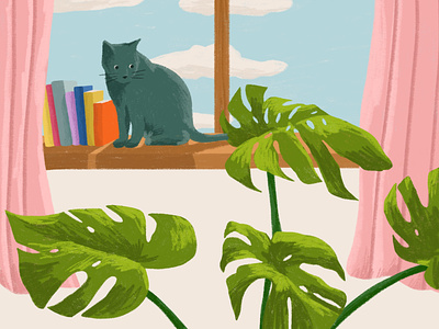 Window Sill Cat cat design flourishing furry home decor house plants illustration monstera window