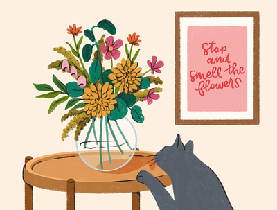 Stop and Smell the Flowers cat design flourishing flowers home decor house plants illustration