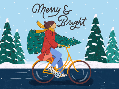 Merry & Bright bike christmas design drawing editorial girl holiday illustration trees
