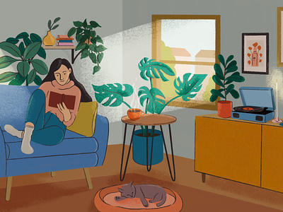 Cozy Living Room design flourishing home decor house plants illustration lofi reading