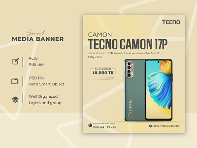 Minimal banner design Tecno camon 17p Mobile phone ads